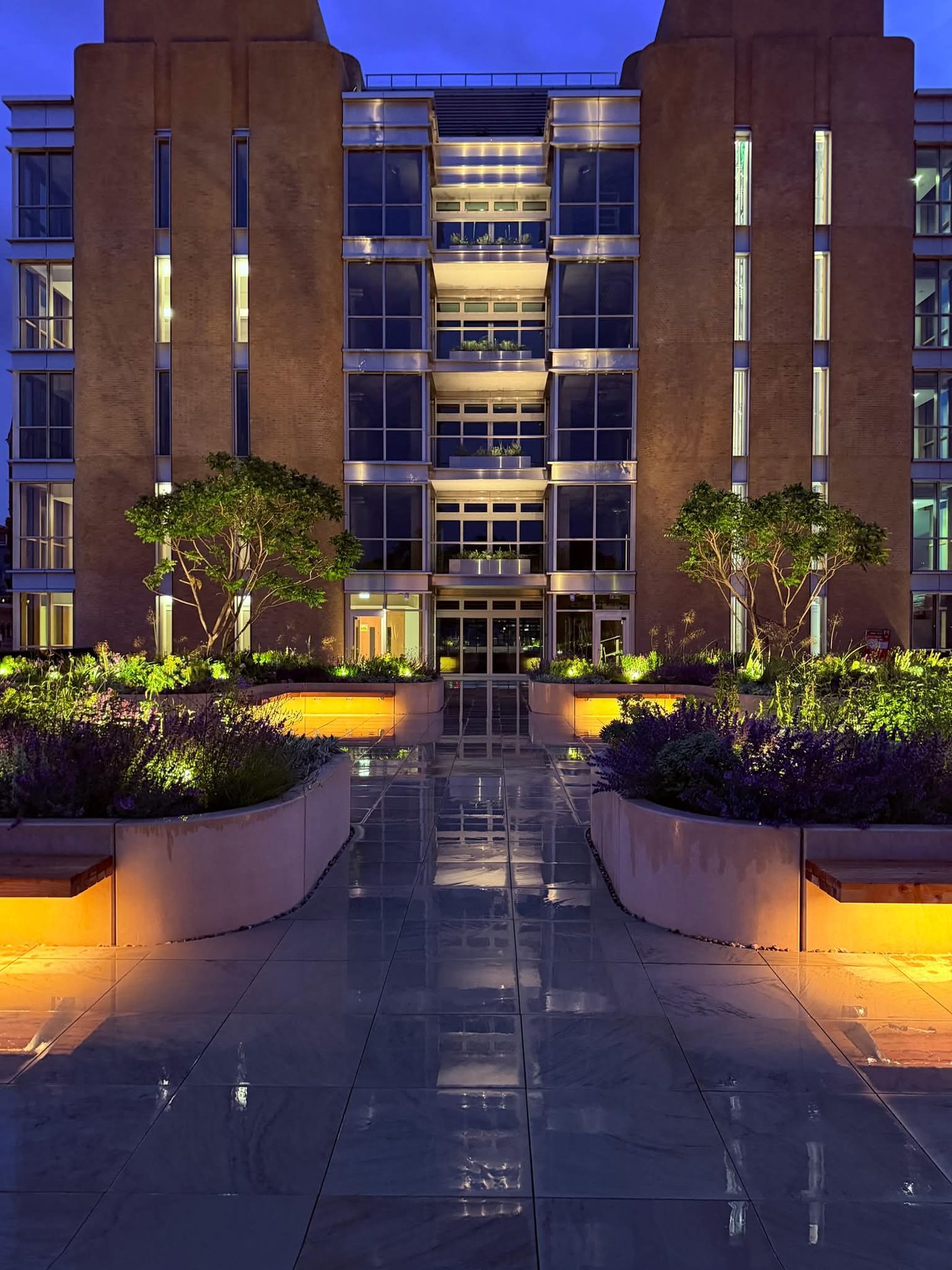 Completed landscaped terrace at night
